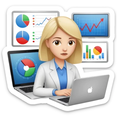 girl analyst with a laptop and a diagram sticker
