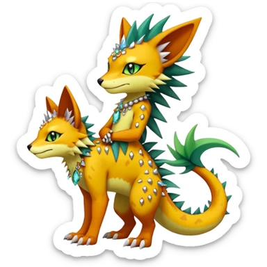 Kawaii cute reddish orangish yellowish greenish exotic tropical beautiful pretty elegant divine edgy feline-vernid-sergal-Fakémon-Pokémon-Digimon-fursona-animal-creature with accessories, jewelries, full body, with intricate detailed markings, spikes, crystals, fins, scales, spiny sticker