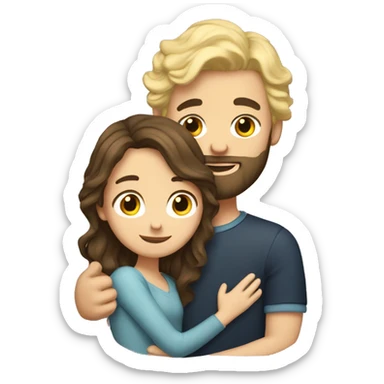 Brunette girl with wavy hair hugging blond boy lovingly couple he has a blond beard sticker