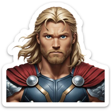 Cinematic Realistic Thor Portrait, depicted with lifelike skin texture and a commanding, muscular build that radiates divine strength. His piercing eyes, framed by rugged, flowing hair and a well-groomed beard, exude both determination and amiable authority. Clad in his signature armor with subtle hints of mystical lightning, the portrait is rendered in dynamic natural lighting with a radiant, heroic glow. sticker