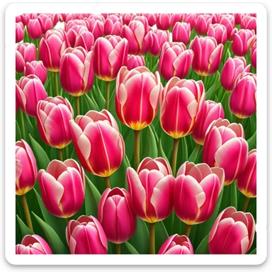 Tulips – Cinematic Realistic Tulips, depicted as a vibrant field of blooming tulips in brilliant hues, each delicate petal catching dewdrops under soft, natural spring light, rendered with detailed textures and a dreamy, picturesque glow. sticker