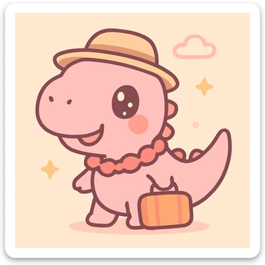 pink t-rex on vacation, kawaii cartoon style, cute and charming sticker