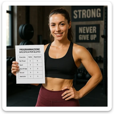 Create a realistic image of a woman in sportswear holding a gym workout sheet clearly labeled 'Programmazione specifica per Glutei'. The setting is a gym environment with a motivational atmosphere and realistic details. sticker
