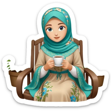 Turkish beautiful finish Konya girls blue eyes with Beautiful light brown green floral hijab long tail dress and in a lovely garden sits on the chair on the ground and holds cup coffe with her hand  sticker