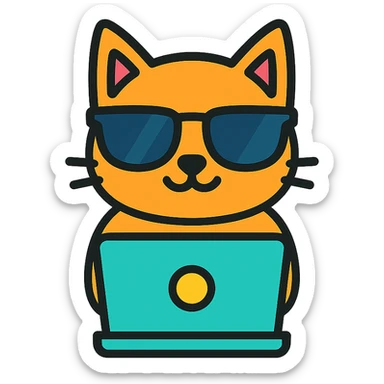 cat with sunglasses using a computer, colorful outline icon style sticker
