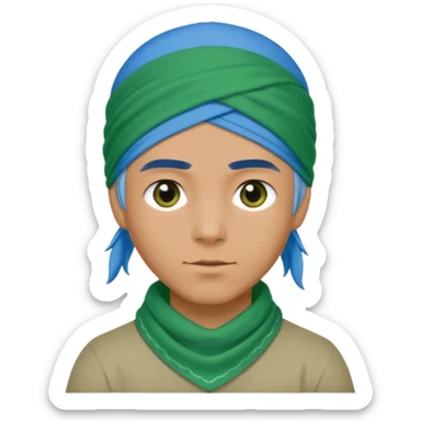 a man with half long blue hair, half short green hair and wearing head bandana sticker