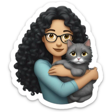 Curly woman with long black hair and glasses, hugging a gray cat sticker