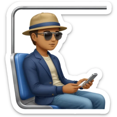 Man sitting on a subway seat, side view, passenger sticker