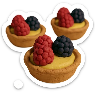3D claymation fruit tart mini tartlets with lemon curd, topped with raspberries and blackberries, visible fingerprints, pastel colors sticker