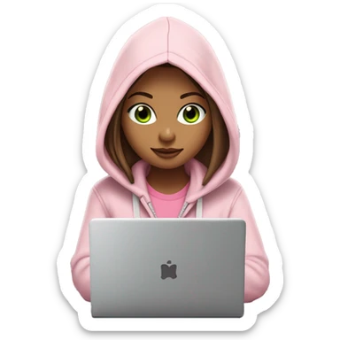 a girl with brown long hair, fair skin, green eyes, is working relaxed at a modern laptop in a monochrome pale pink zip hoodie with a hood and a pink monochrome T-shirt sticker