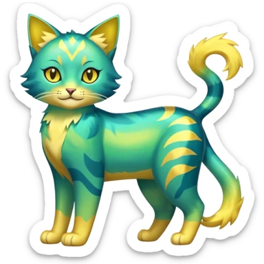 Shiny Iridescent Smooth Soft Glossy Green and Yellow Electrike-Lucretia-Luxray-Sprigatito-Bobcat-Amaura-Aurorus-Shiny-glorp-cat-fusion (full body) sticker