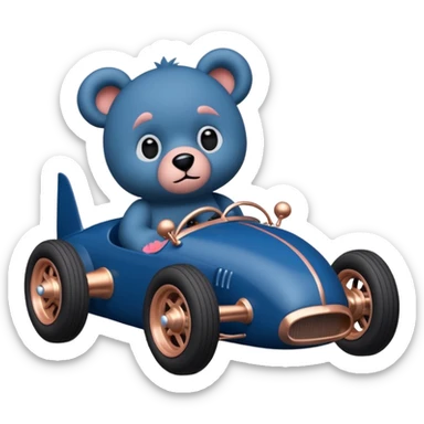 dark blue and rosegold-accented  retro racing car driven by furry-faced small evil scary teddy bear with rear spoiler and wheely bar sticker