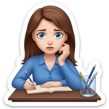 female writer, romantic, with brown hair, fair skin and blue eyes writing a book with a worried face sticker
