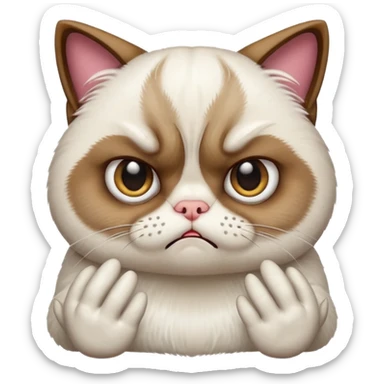 grumpy cat emoji with hands, showing an annoyed expression sticker