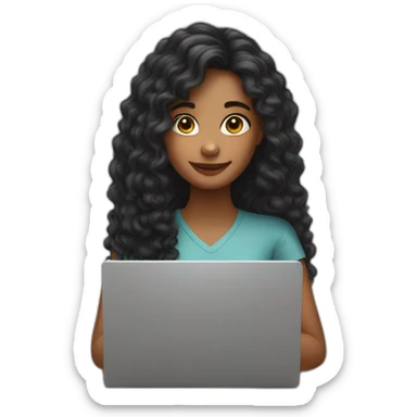 girl with long curly dark hair with a laptop in her hands sticker
