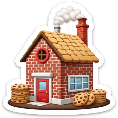 Small cartoon-style bakery factory with a red brick base, a single chimney puffing white smoke, cookie crates outside, emoji-style sticker