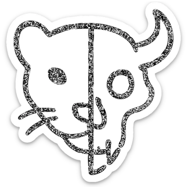 a highly minimalist red icon showing half stoat face merged with half minotaur skull with broken horn, outline deliberately incomplete with missing sections, weathered and aged appearance, parts faded away, extremely simplified but recognizable, completely red sticker