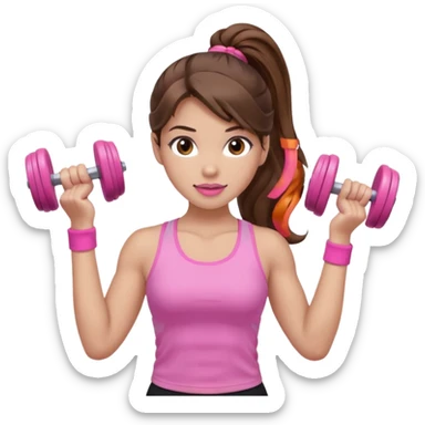 girl with wavy long ponytail brown hair, brown eyes, light to medium complexion, long lashes, light pink lipstick, wearing light pink shirt, lifting pink dumbbells in a sports top sticker