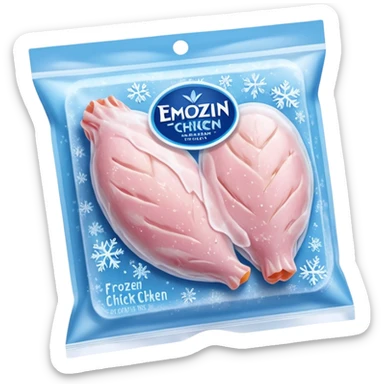 A pack of frozen chicken breasts sealed in transparent plastic packaging, covered with frost and ice crystals. The meat looks pale pink with a slight icy glaze, sitting in a freezer with cool blue lighting. Realistic detail, cold atmosphere, food photography style. sticker