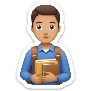 A flat-style illustration of a university student, holding a few textbooks and wearing a messenger bag. Clean, modern cartoon style, white background, iOS emoji aesthetic. sticker