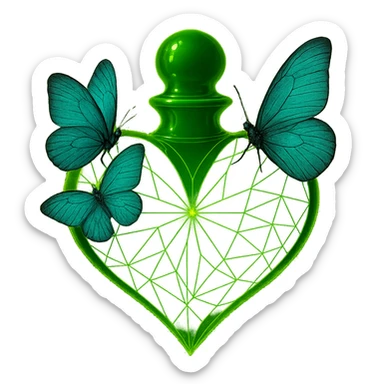 Add a second butterfly naturally positioned on the bottle. Surround the bottle with sparkling, flying dust particles to create a magical effect. Enhance the sense of luxury and elegance while keeping the neon green color and glowing aura. Maintain the transparent background as PNG. sticker