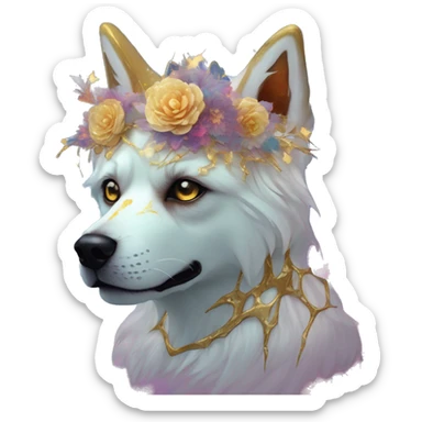 iridescent kintsugi fluffy zombie dog fox head zombie skull skeleton gold mechanical nebula galaxy stars colorful flowers fairy lights vintage sticker
