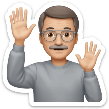 60 yr man partial brown hair parted in center, gray mustache, light glasses, sweatshirt waving hello sticker