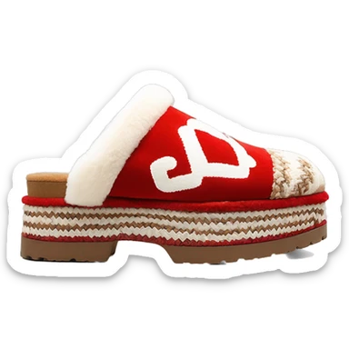 Camel color chunky platform slip-on mule UGG slippers. thin red and white woven zig-zag trim line detail on the opening sticker