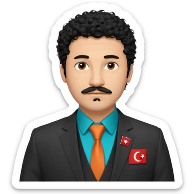 Black curly hair, messy and thrown forward, brown eyes, a goatee, thin mustache, wearing a suit. On the suit, there is a small Turkish flag detail on the chest, and on the other side of the chest, it says 'BST' — with 'B' in orange, 'S' in turquoise, and 'T' in navy blue. sticker