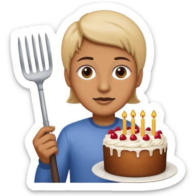 Person holding a pitchfork in one hand and a piece of cake in the other  sticker