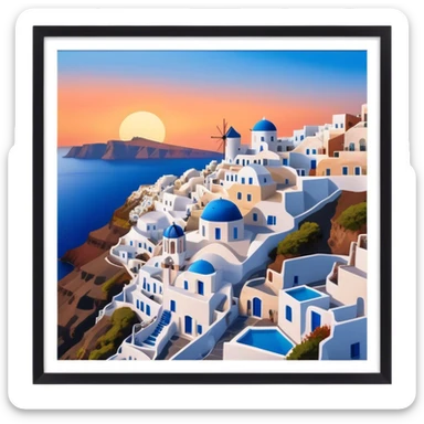 Cinematic Realistic Santorini Caldera Landmark Emoji, featuring white-washed buildings perched on volcanic cliffs, overlooking the deep blue Aegean Sea, with warm sunset hues illuminating the sky and reflecting off the water. sticker