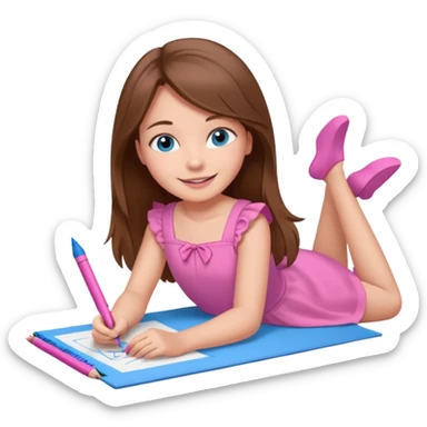 a girl who is getting on the ground and drawing cute herself on a paper  sticker