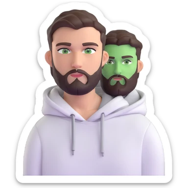 man with short full beard, dark brown undercut hairstyle, white hoodie, and green eyes sticker