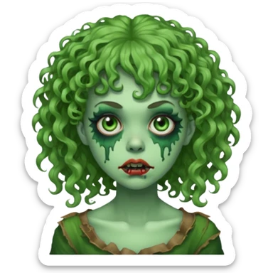 green zombie woman with curly hair, bangs, and a septum piercing. like iPhone emoji sticker