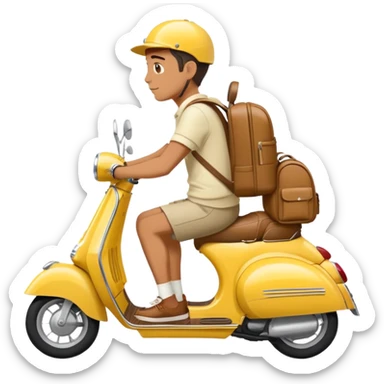 Man on a Vespa going right. Vespa is yellow color. The man has a backpack and summer clothes  sticker