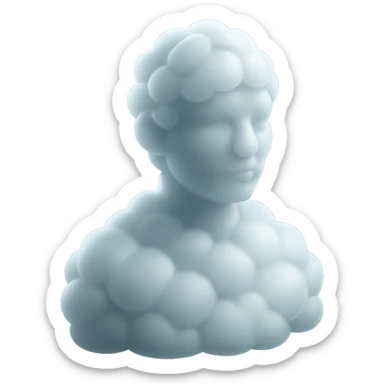 person looking straight, made entirely of white fluffy convex clouds, shoulder up, matte glass style sticker