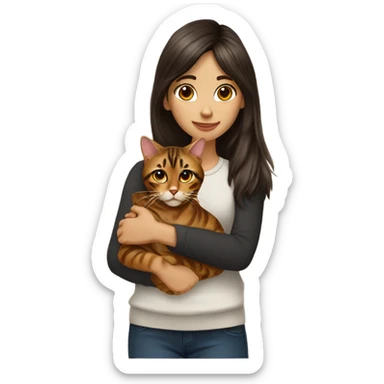 Beautiful woman long dark brown hair have bangs hug bengal cat sticker