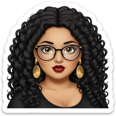 big plus size, latina, darker tan skin, long black curly hair, baddie,pretty, makeup, lipgloss, black eyeliner, long hair, SMALL gold earrings, black top, black glasses sticker