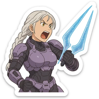 female, wearing reach spartan armor default, long white braid hair, gold yellow eyes, attention pose, HALO:series, no helmet, the armor is lavender color scheme, shoulder pad off. DDD bust size fitting. Punk gothic cyberpunk, brandishing a covenant energy sword, preparing to swing and yelling sticker