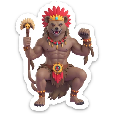 A native strong buff hyena with war bonnet flexing posing full body holding a chopped off human head by the hair  sticker