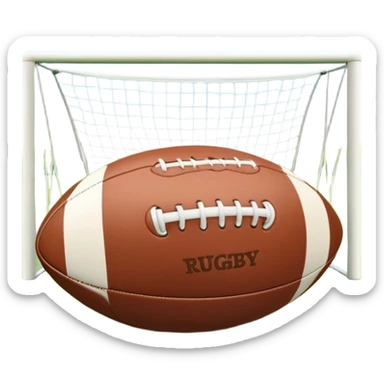 A rugby ball resting on a grassy field, with goalposts in the background. The scene captures the essence of the sport, with the field clearly marked and ready for a game, highlighting the intensity and teamwork of rugby. sticker