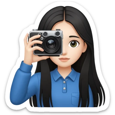 A young fair-skinned girl with o black and long hair holding a camera up to her eye, looking through the viewfinder, standing in natural light, soft focus background, candid photography style, wearing a minimalist outfit, artistic and modern atmosphere. With four fingers sticker