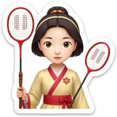 ancient gongsam girl with 1 badminton racket, red sticker