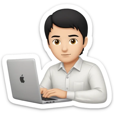 a fair man with black hair working on laptop , front view sticker