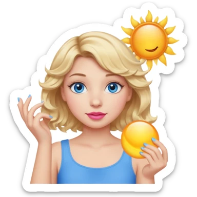 Girl Blonde short wavy hair,  blue eyes, cute blue top, long lashes, pink lips, holding the one sun   sticker