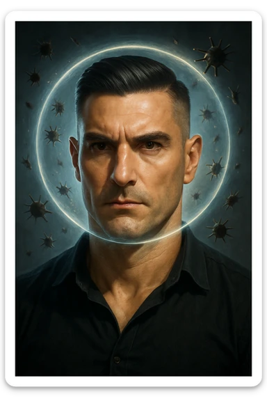 Vertical portrait of a man's face in a realistic style with a serious and confident expression. Small stylized parasites are being repelled by a transparent protective aura around the face, creating an atmosphere of health and defense. sticker