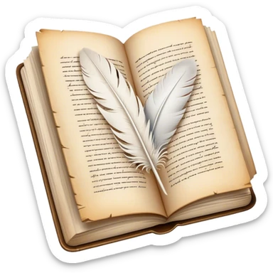 Create a poetic and elegant emoji representing poetry. The design should feature several vintage, gracefully flying pages with short, poetic columns written on them. A white feather quill should be depicted writing on one of the pages, with ink flowing smoothly. The pages should have a soft, antique look, with subtle details to convey the delicate nature of poetry. Use soft, light colors with a romantic, airy feel. Make the background transparent. sticker