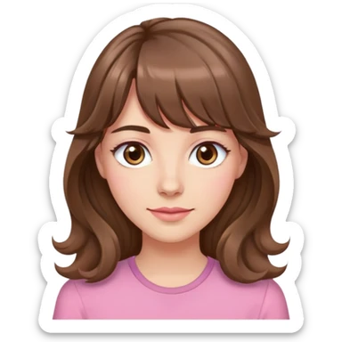 Adult woman, fair skin, long wavy brown hair with bangs, light brown eyes, pink shirt  sticker
