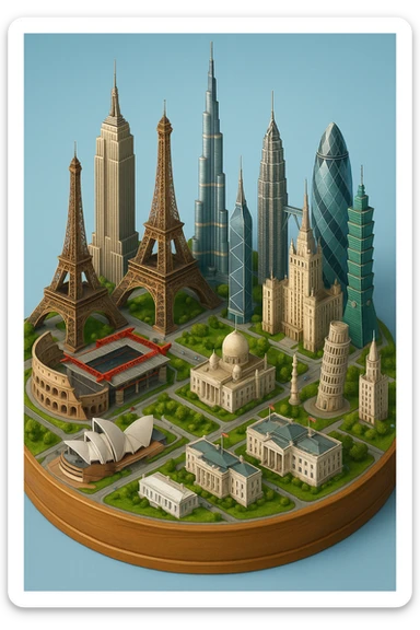 Оставь основу картинки - деревянную подставку, но при этом сгенерируй изометричная, яркая, детализированная и фотореалистичная иллюстрация где будет самые узнаваемые здания мира Эмпайр Стейт Билдинг, Эйфелева башня, Колизей, Сиднейская опера, стадион Сан-Сиро, Белый Дом Пизанская башня, здание МГУ, Бурдж-Халифа, Башни Петронас, Небоскрёб Фостера в Лондоне, Рейхстаг, Тайбэй. Здания не должны повторять и должны быть на картинке в единственном экземпляре sticker