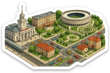 Изометричная миниатюрная фотореалистичная 3D модель панорамы Краснодара - вокзал Краснодар, КубГМУ, парк Краснодар со стадионом, краснодарские дома, автотранспорт четкие линии, яркие цвета, мультяшный реализм, люди, автотранспорт, компактная композиция, вид сверху в изометрии, прозрачный фон sticker
